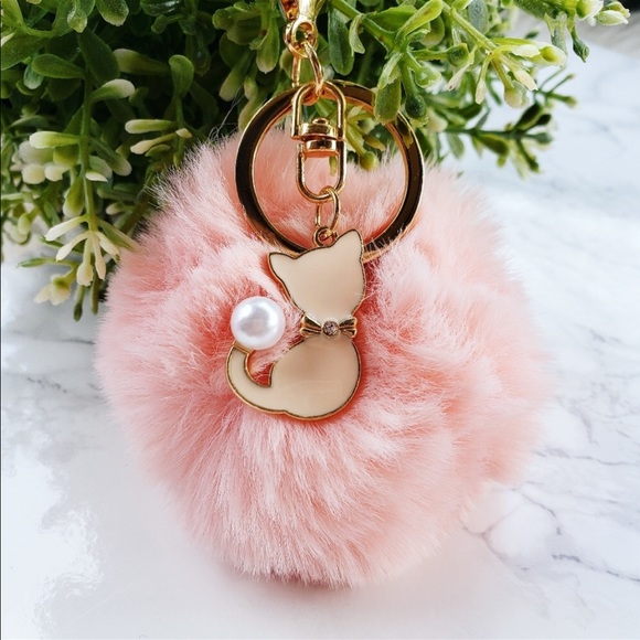 TT-Rabbit Faux Fur Pom Pom Ball Key Chain/Purse Accessory with Cat -Pastel Pink - Picture 3 of 4